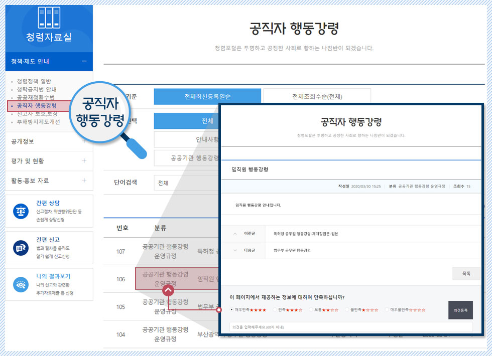 청렴자료실 > 정책·제도안내 > 공직자행동강령 메뉴에 접속하여 국민권익위원회와 공공기관의 행동강령 관련 정보를 검색 및 내용 확인